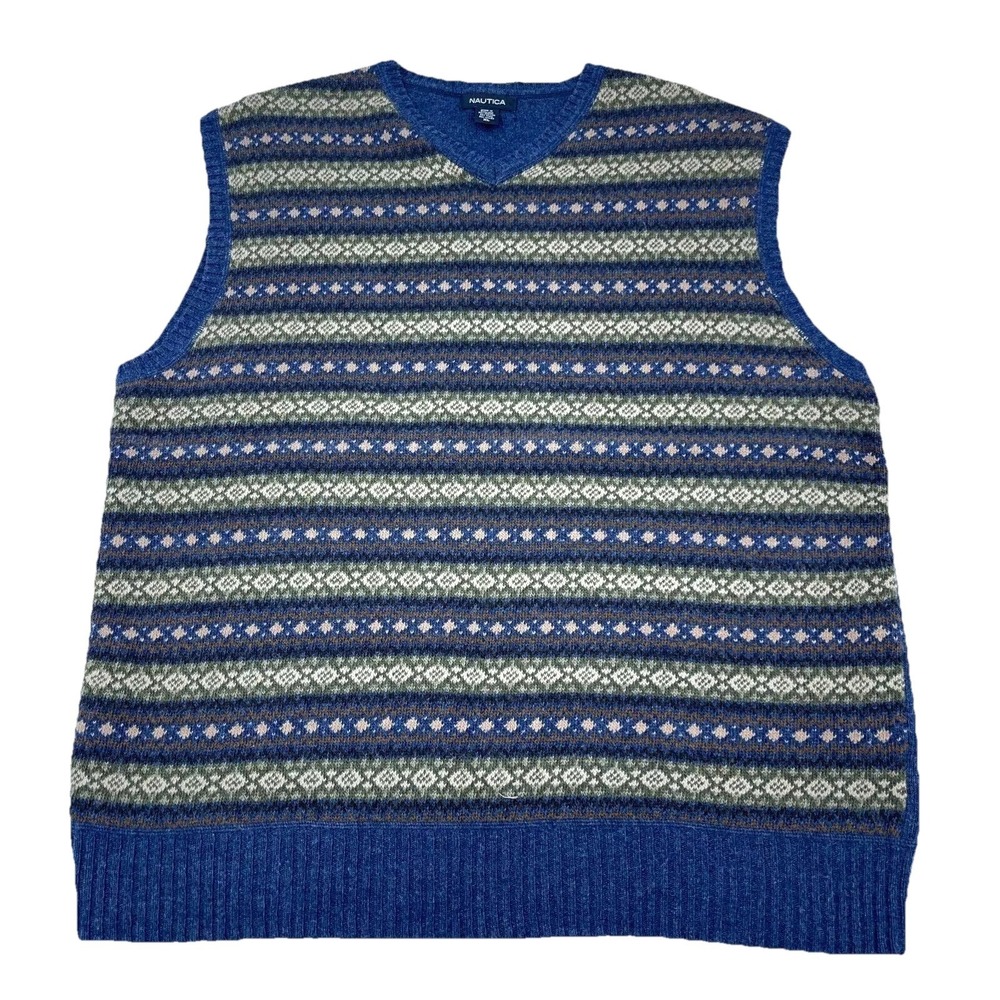 Nautica‎ Sweater Vest Men XL Blue Fair Isle Nordic Wool Blend Grandpa V Neck